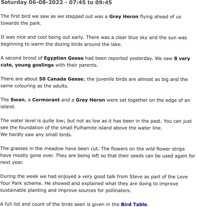 Saturday 06-08-2022 - 07:45 to 09:45  The first bird we saw as we stepped out was a Grey Heron flying ahead of us  towards the park.  It was nice and cool being out early. There was a clear blue sky and the sun was  beginning to warm the dozing birds around the lake.  A second brood of Egyptian Geese had been reported yesterday. We saw 8 very  cute, young goslings with their parents.  There are about 50 Canada Geese; the juvenile birds are almost as big and the  same colouring as the adults.  The Swan, a Cormorant and a Grey Heron were sat together on the edge of an  island.  The water level is quite low; but not as low as it has been in the past. You can just  see the foundation of the small Pulhamite island above the water line. We hardly saw any small birds.  The grasses in the meadow have been cut. The flowers on the wild flower strips  have mostly gone over. They are being left so that their seeds can be used again for  next year.  During the week we had enjoyed a very good talk from Steve as part of the Love  Your Park scheme. He showed and explained what they are doing to improve  sustainable planting and improve sources for pollinators.  A full list and count of the birds seen is given in the Bird Table.